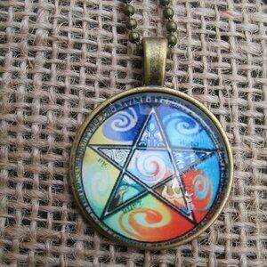 Pentacle Glass Cabochon Pendant Necklace
